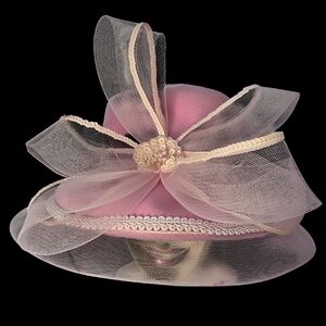 Pastel Pink Wool Formal Hat with Sheer Net and Sequin Trim